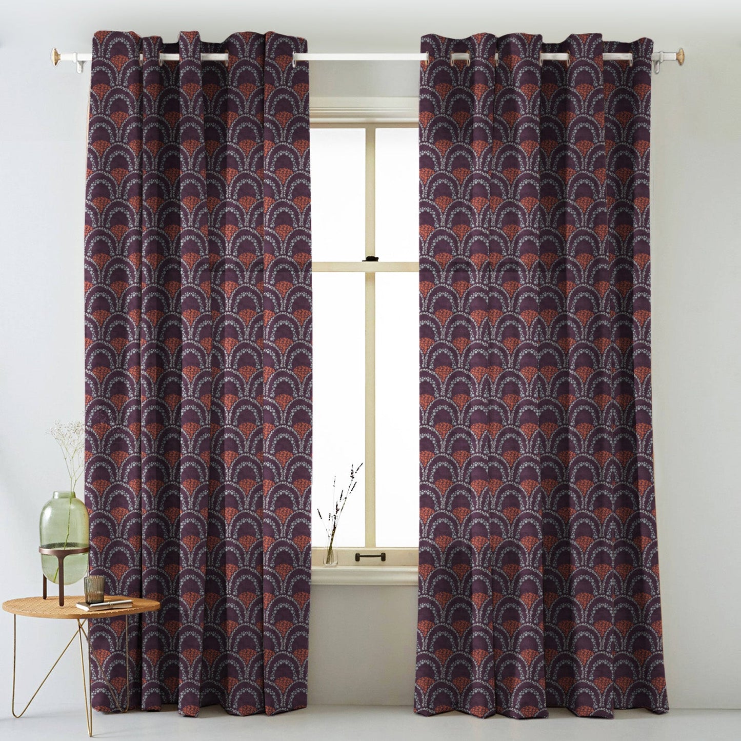 Elegent Geometric Print Matt Finish Room Darkening Curtain Set of 2 MTDS499B