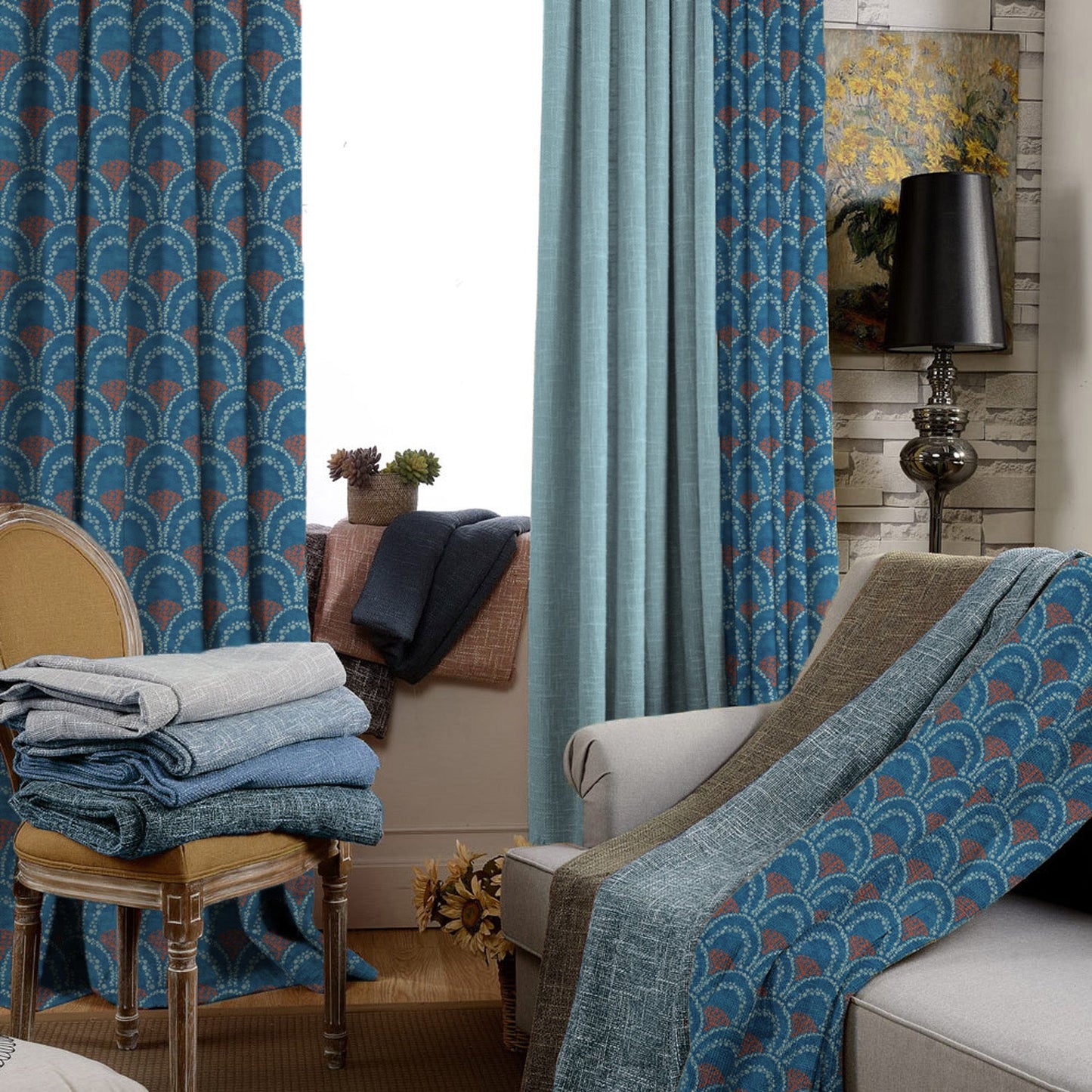 Elegent Geometric Print Matt Finish Room Darkening Curtain Set of 2 MTDS499D