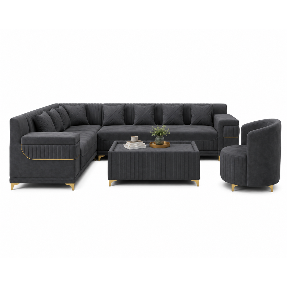 Monarch Luxury L Shape Velvet 8 seater Sofa Set with Ottoman & Accent Chair – Modern Sectional Living Room Sofa