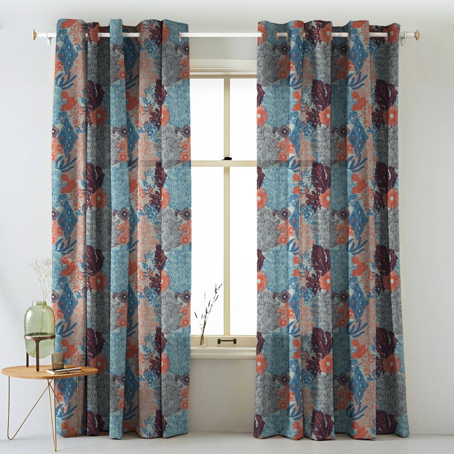 Elegent Geometric Print Matt Finish Room Darkening Curtain Set of 2 MTDS502B