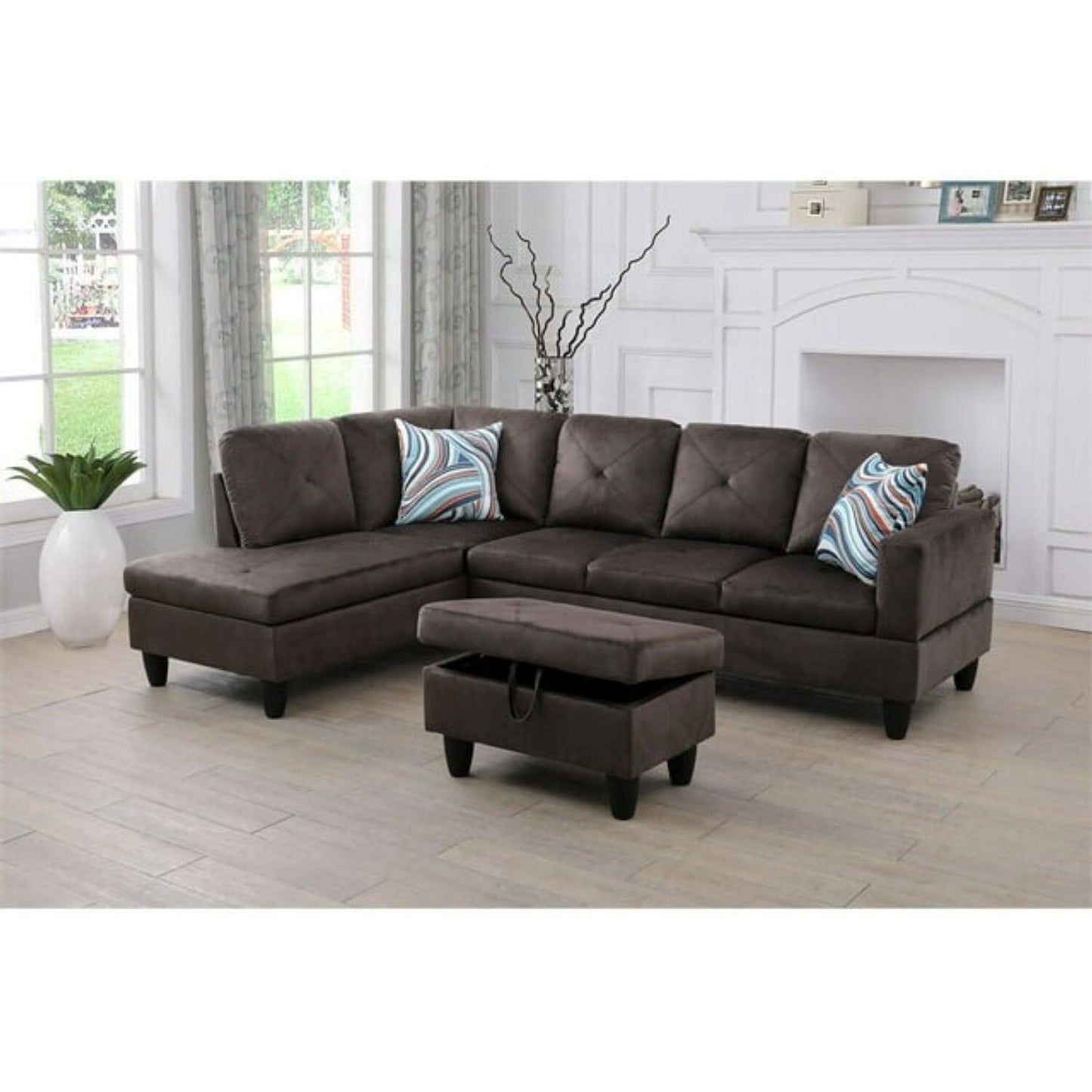 Christen 5 Seater L Shape Fabric Sofa Set with Storage Ottoman