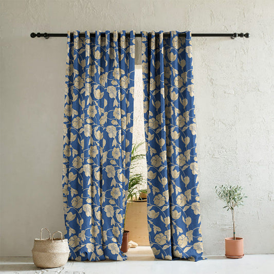 Botanic Bouquet Floral Oxford Blue Heavy Satin Room Darkening Curtains Set Of 2 - (DS509A)