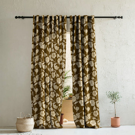 Botanic Bouquet Floral Pecan Brown Heavy Satin Room Darkening Curtains Set Of 2 - (DS509B)
