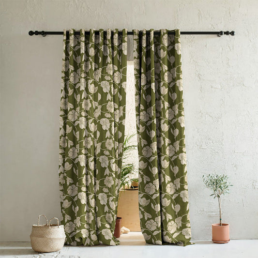 Botanic Bouquet Floral Olive Green Heavy Satin Room Darkening Curtains Set Of 2 - (DS509D)