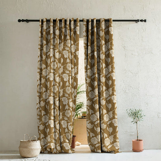 Botanic Bouquet Floral Mustard Yellow Heavy Satin Room Darkening Curtains Set Of 2 - (DS509F)