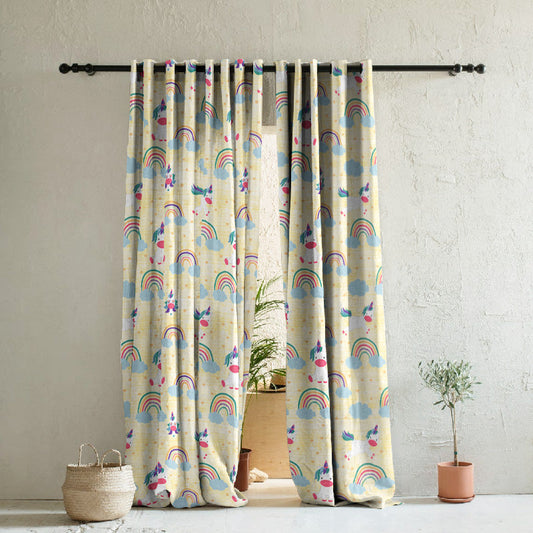 Unicorn Dreams Kids Sunny Yellow Heavy Satin Room Darkening Curtains Set Of 2 - (DS510B)
