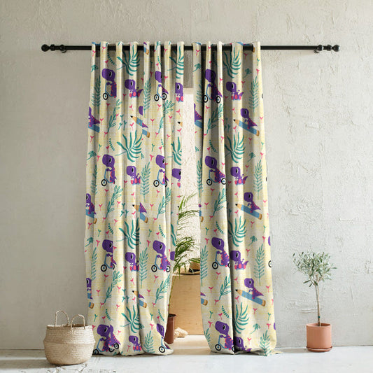 Dino Delight Kids Sunny Yellow Heavy Satin Room Darkening Curtains Set Of 2 - (DS512B)