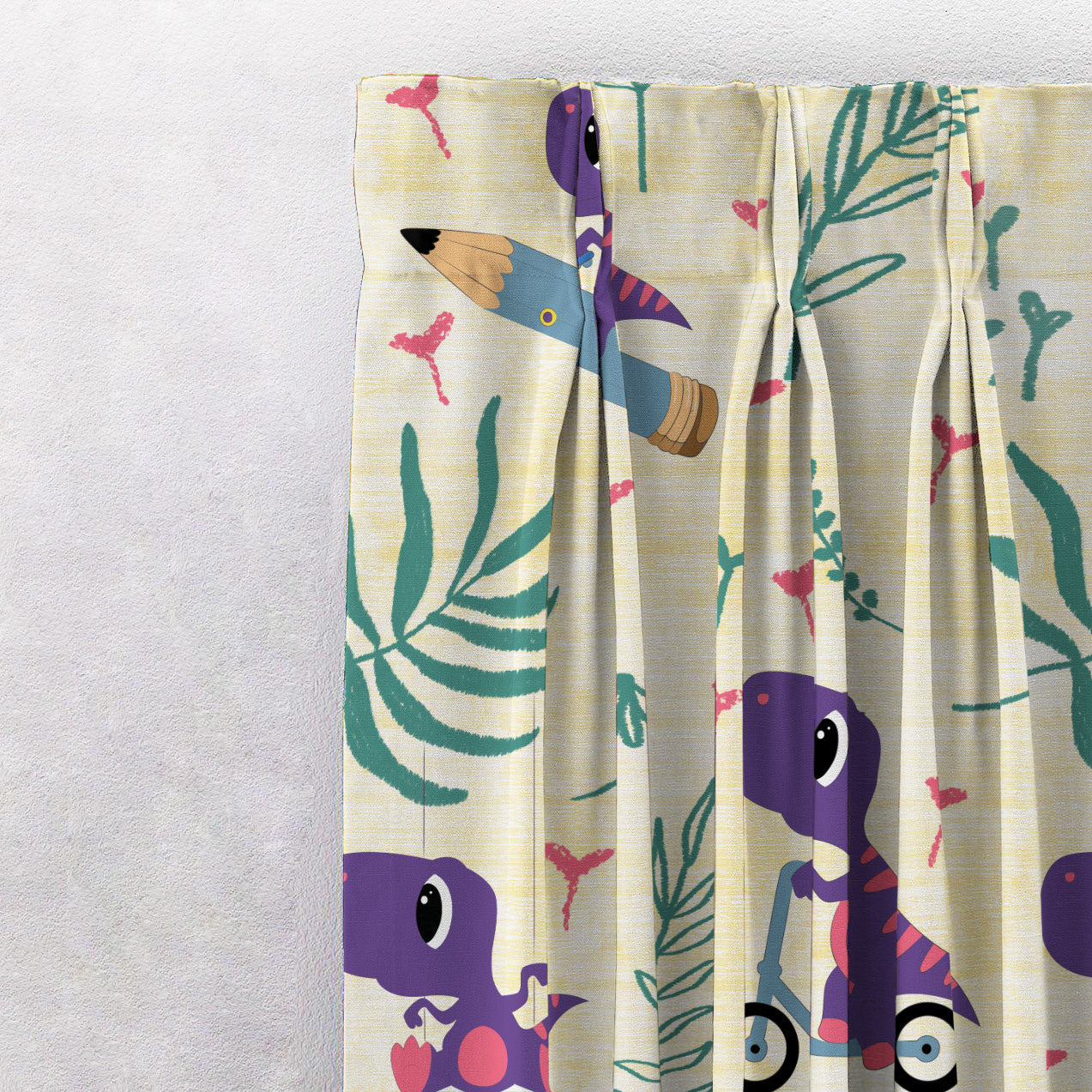 Dino Delight Kids Sunny Yellow Heavy Satin Room Darkening Curtains Set Of 2 - (DS512B)