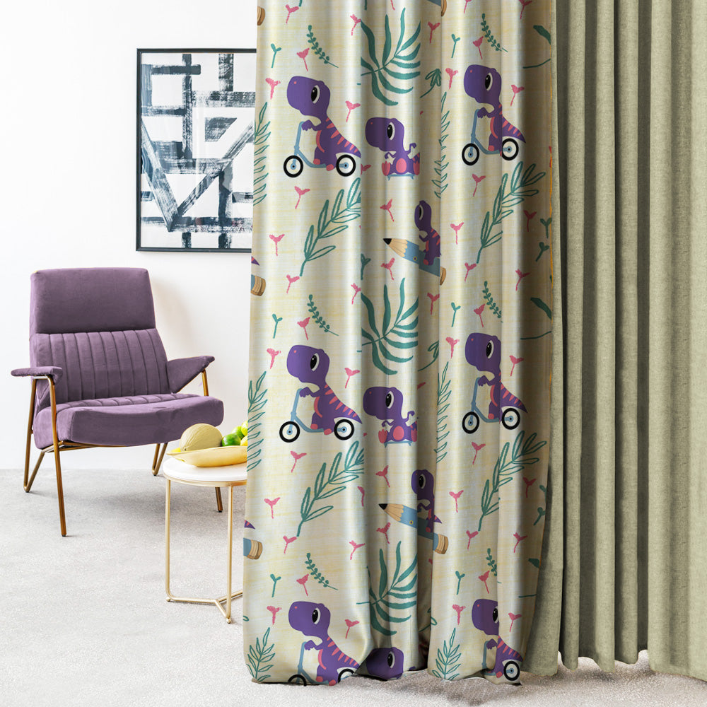 Dino Delight Kids Sunny Yellow Heavy Satin Room Darkening Curtains Set Of 2 - (DS512B)