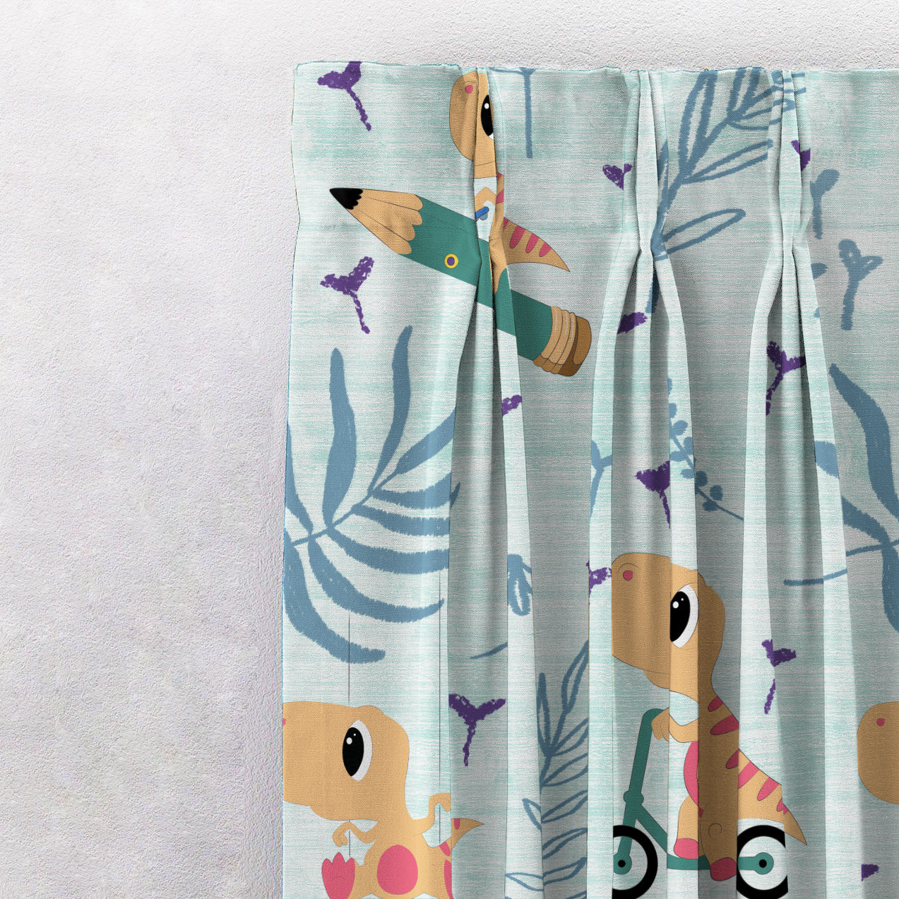Dino Delight Kids Mint Green Heavy Satin Room Darkening Curtains Set Of 2 - (DS512C)