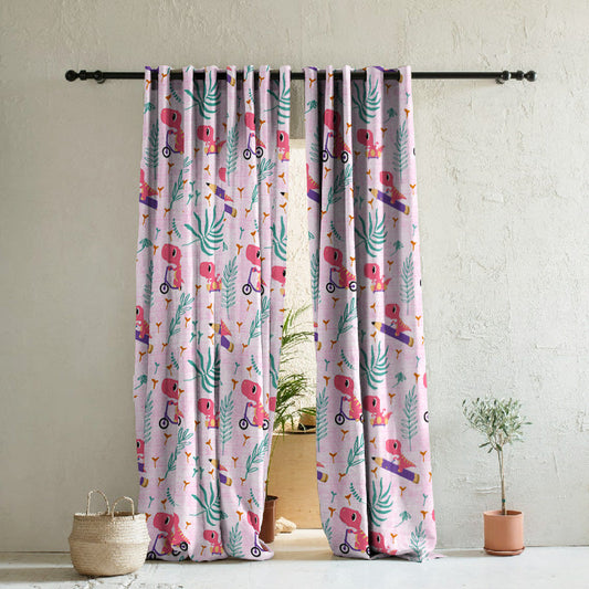 Dino Delight Kids Pastel Pink Heavy Satin Room Darkening Curtains Set Of 2 - (DS512D)