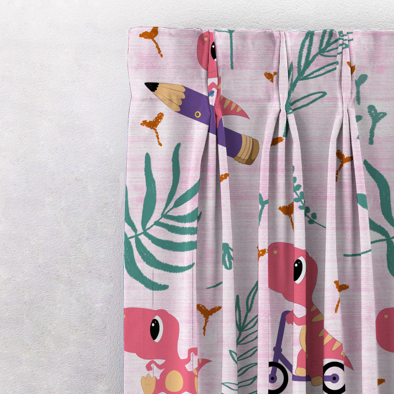 Dino Delight Kids Pastel Pink Heavy Satin Room Darkening Curtains Set Of 2 - (DS512D)
