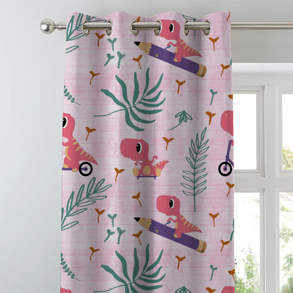 Dino Delight Kids Pastel Pink Heavy Satin Room Darkening Curtains Set Of 2 - (DS512D)