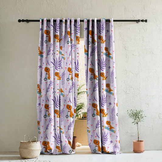 Dino Delight Kids Pastel Purple Heavy Satin Room Darkening Curtains Set Of 2 - (DS512E)