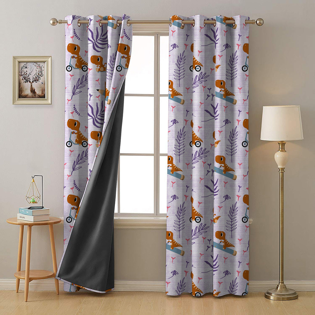 Dino Delight Kids Pastel Purple Heavy Satin Room Darkening Curtains Set Of 2 - (DS512E)
