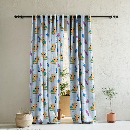 Turtle Tales Kids Sky Blue Heavy Satin Room Darkening Curtains Set Of 2 - (DS513A)