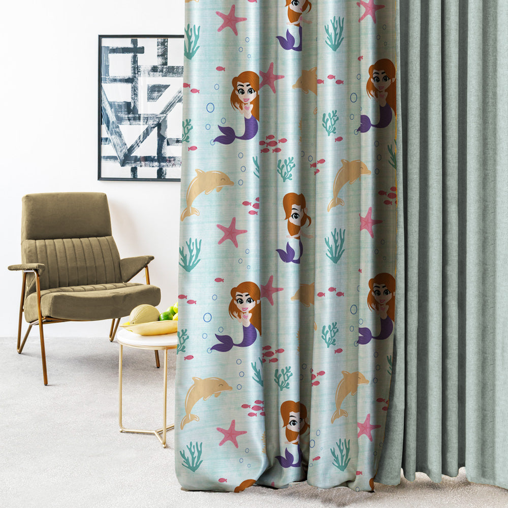 Magical Marine Kids Mint Green Heavy Satin Room Darkening Curtains Set Of 2 - (DS514C)