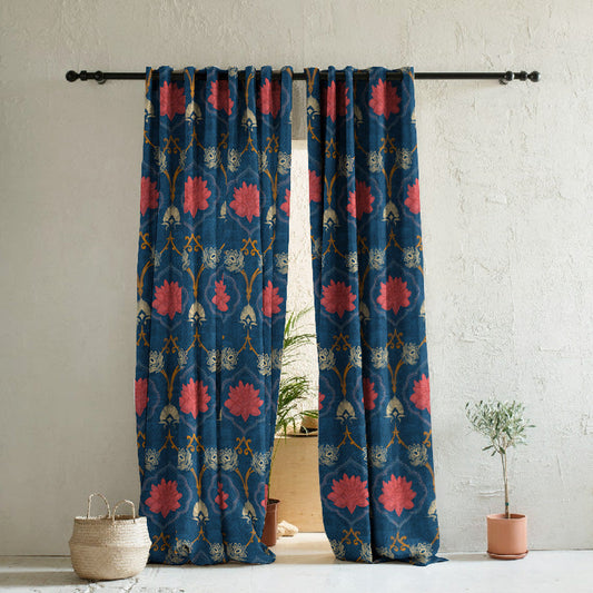 Kamal Indie Prussian Blue Heavy Satin Room Darkening Curtains Set Of 2 - (DS517A)
