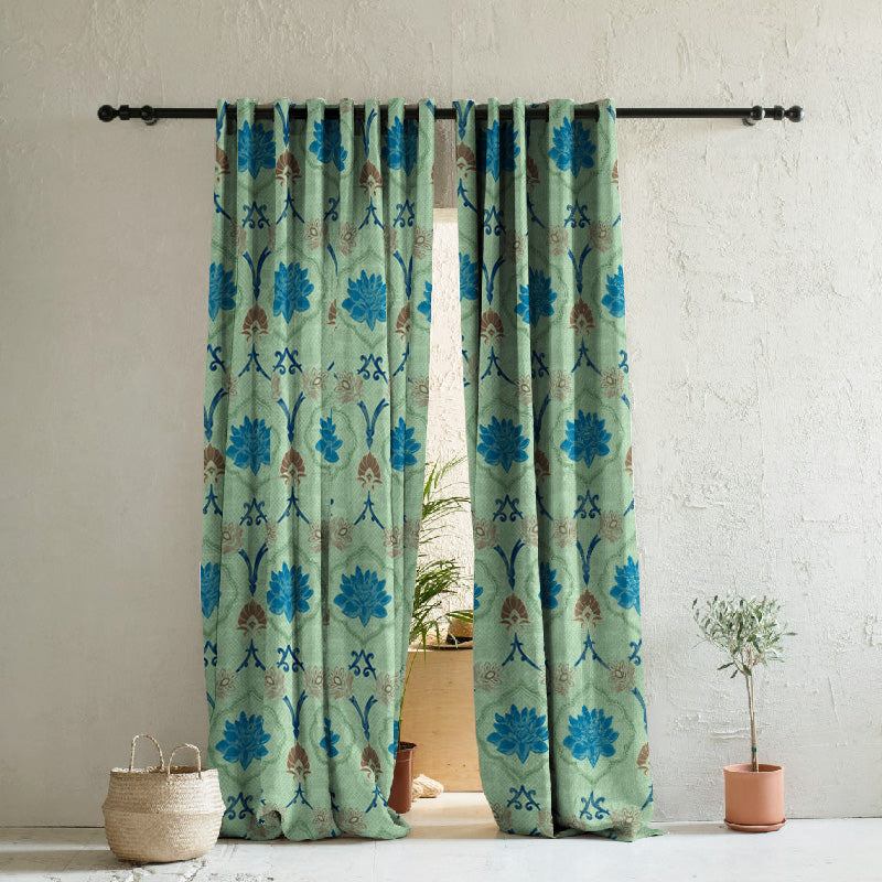 Kamal Indie Teal Heavy Satin Room Darkening Curtains Set Of 2 - (DS517D)