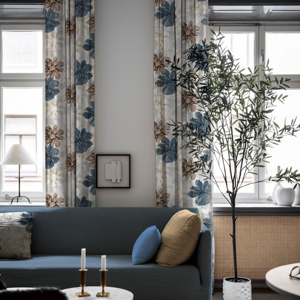 Elegent Floral Print Matt Finish Room Darkening Curtain Set of 2 MTDS526A