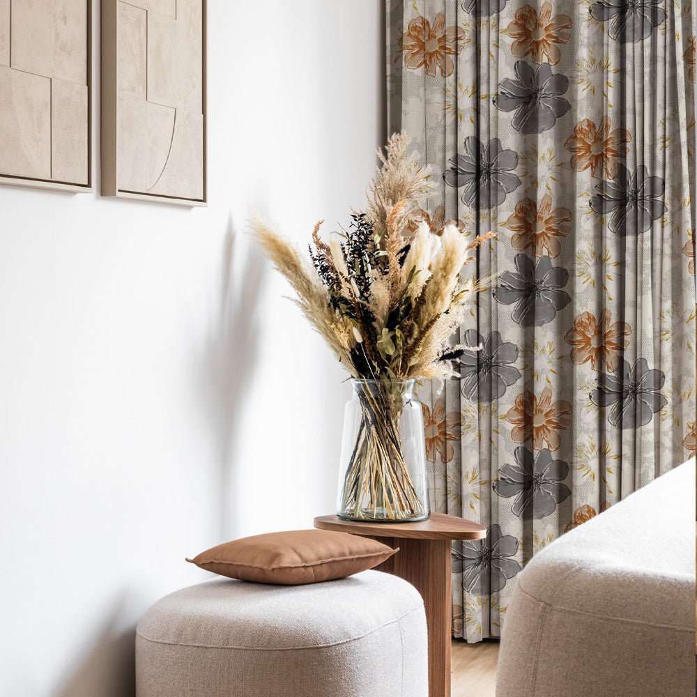 Elegent Floral Print Matt Finish Room Darkening Curtain Set of 2 MTDS526B