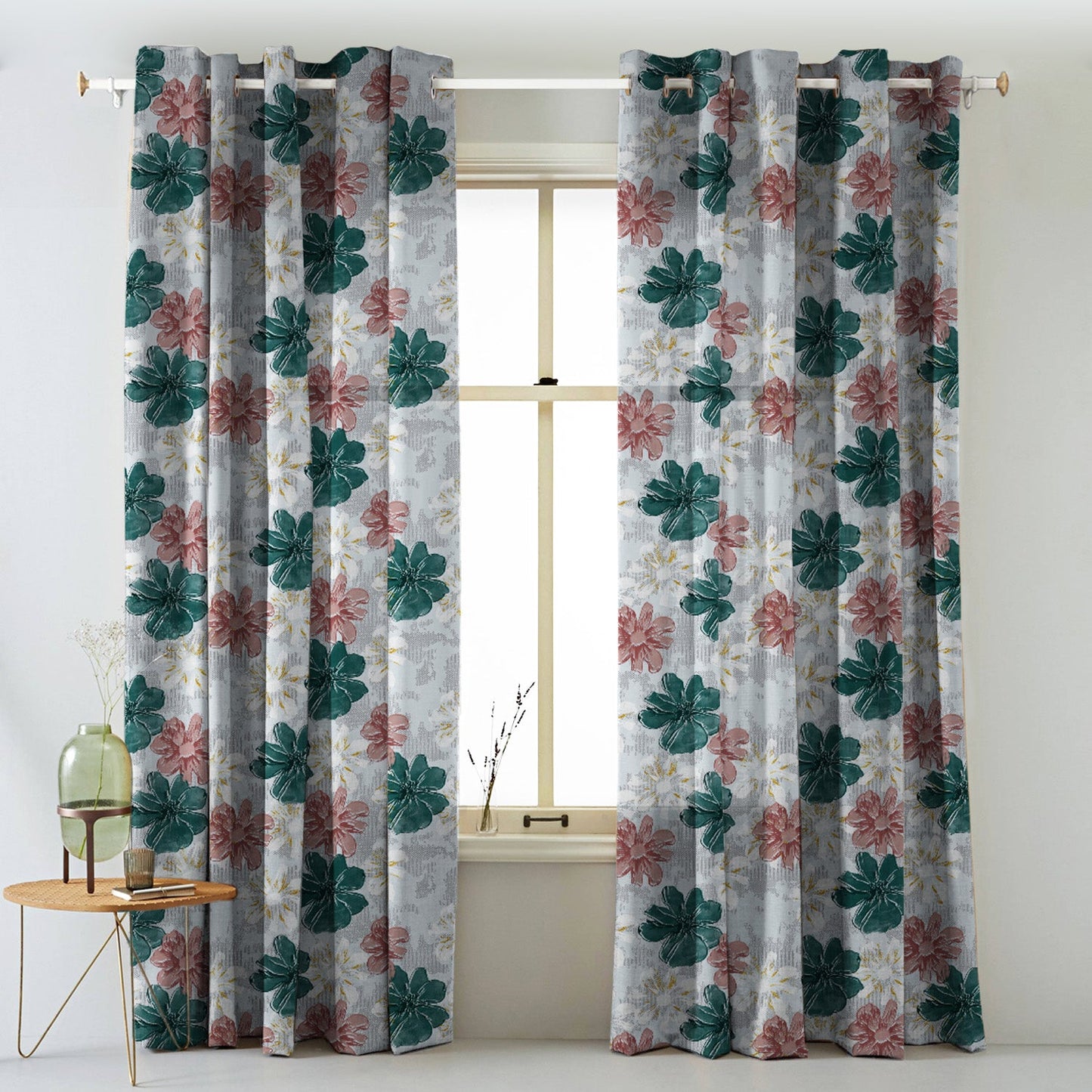 Elegent Floral Print Matt Finish Room Darkening Curtain Set of 2 MTDS526D