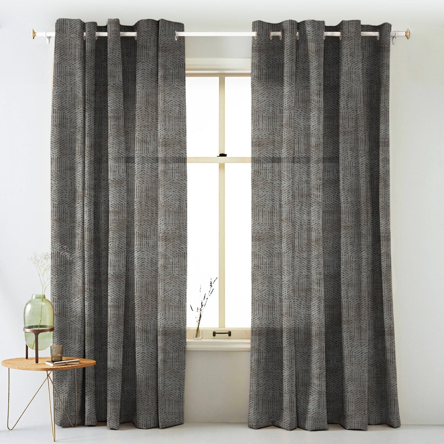 Elegent Geometric Print Matt Finish Room Darkening Curtain Set of 2 MTDS527G