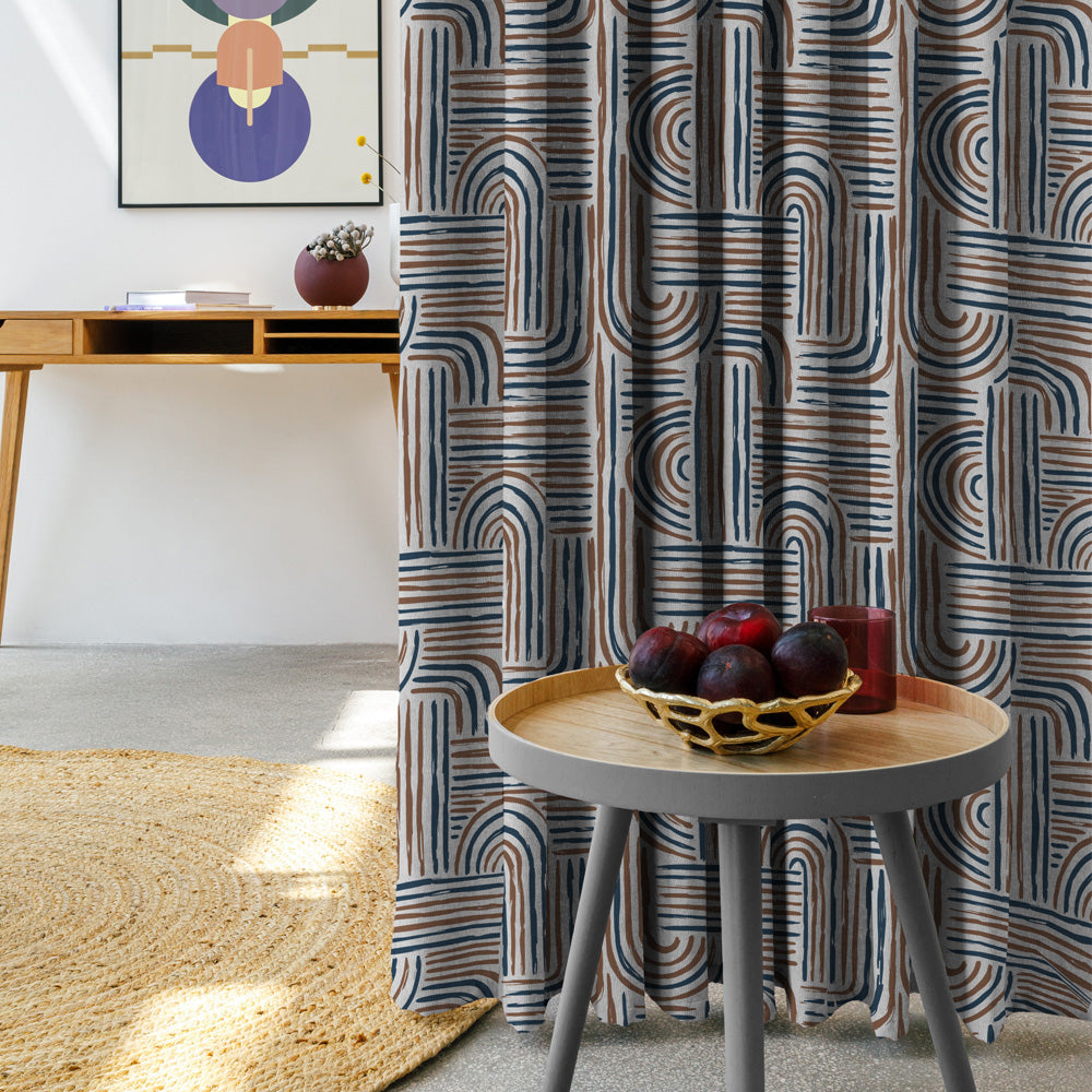Poetic Curves Geometric Mocha Brown Heavy Satin Room Darkening Curtains Set Of 2 - (DS528A)