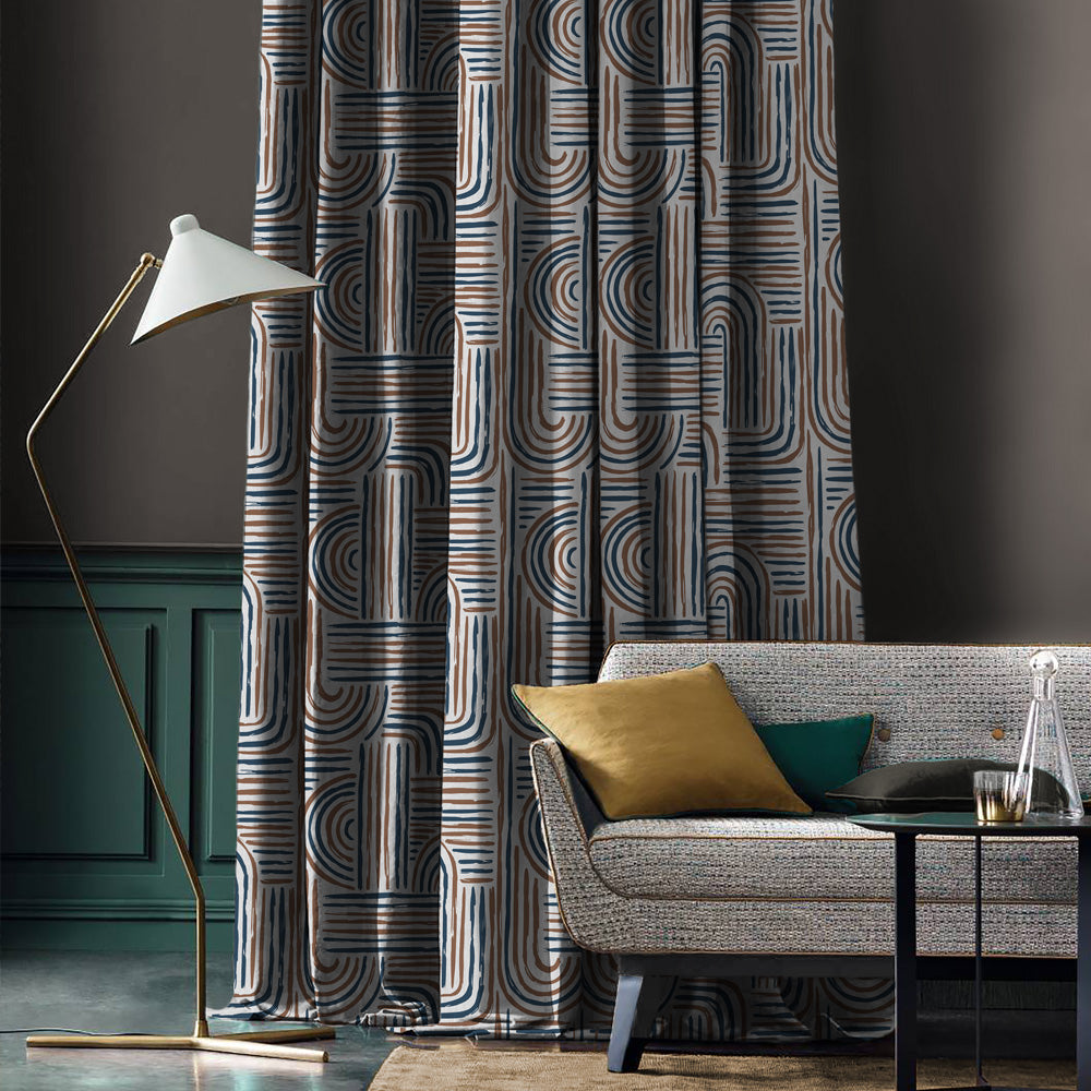 Poetic Curves Geometric Mocha Brown Heavy Satin Room Darkening Curtains Set Of 2 - (DS528A)