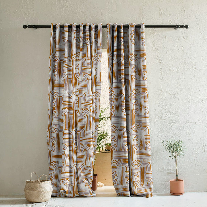 Poetic Curves Geometric Ash Grey Heavy Satin Room Darkening Curtains Set Of 2 - (DS528B)