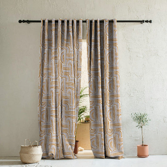Poetic Curves Geometric Ash Grey Heavy Satin Room Darkening Curtains Set Of 2 - (DS528B)
