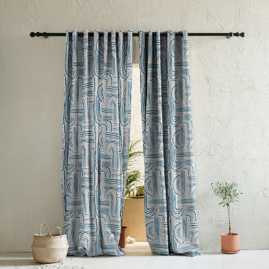 Poetic Curves Geometric Steel Blue Heavy Satin Room Darkening Curtains Set Of 2 - (DS528D)