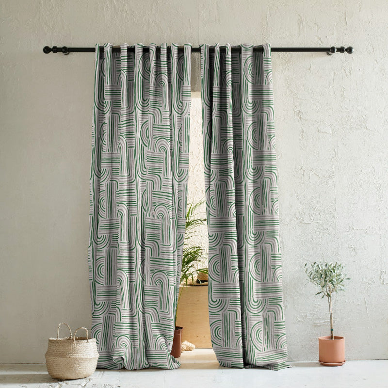 Poetic Curves Geometric Pine Green Heavy Satin Room Darkening Curtains Set Of 2 - (DS528F)