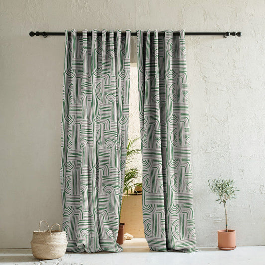 Poetic Curves Geometric Pine Green Heavy Satin Room Darkening Curtains Set Of 2 - (DS528F)