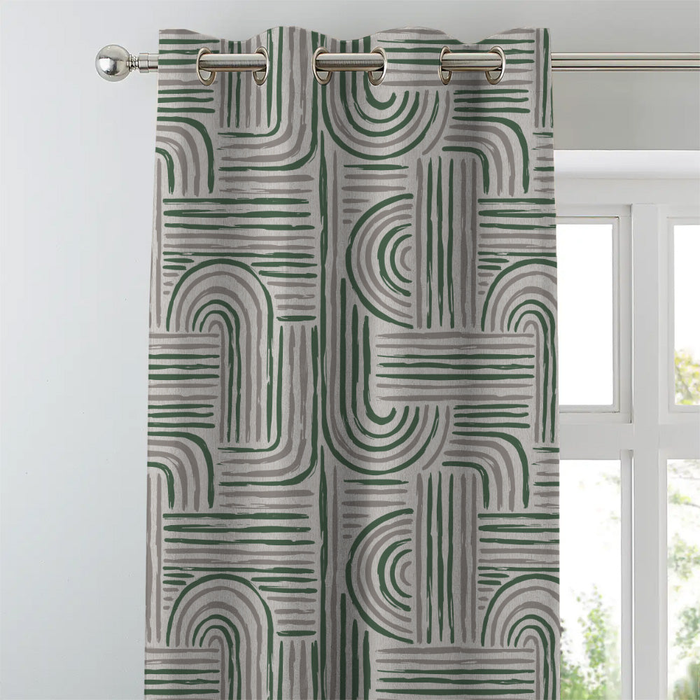 Poetic Curves Geometric Pine Green Heavy Satin Room Darkening Curtains Set Of 2 - (DS528F)