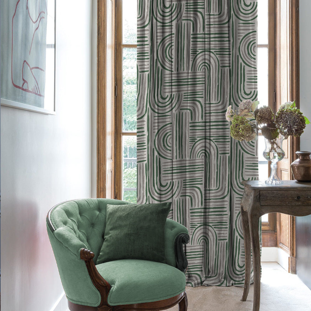 Poetic Curves Geometric Pine Green Heavy Satin Room Darkening Curtains Set Of 2 - (DS528F)