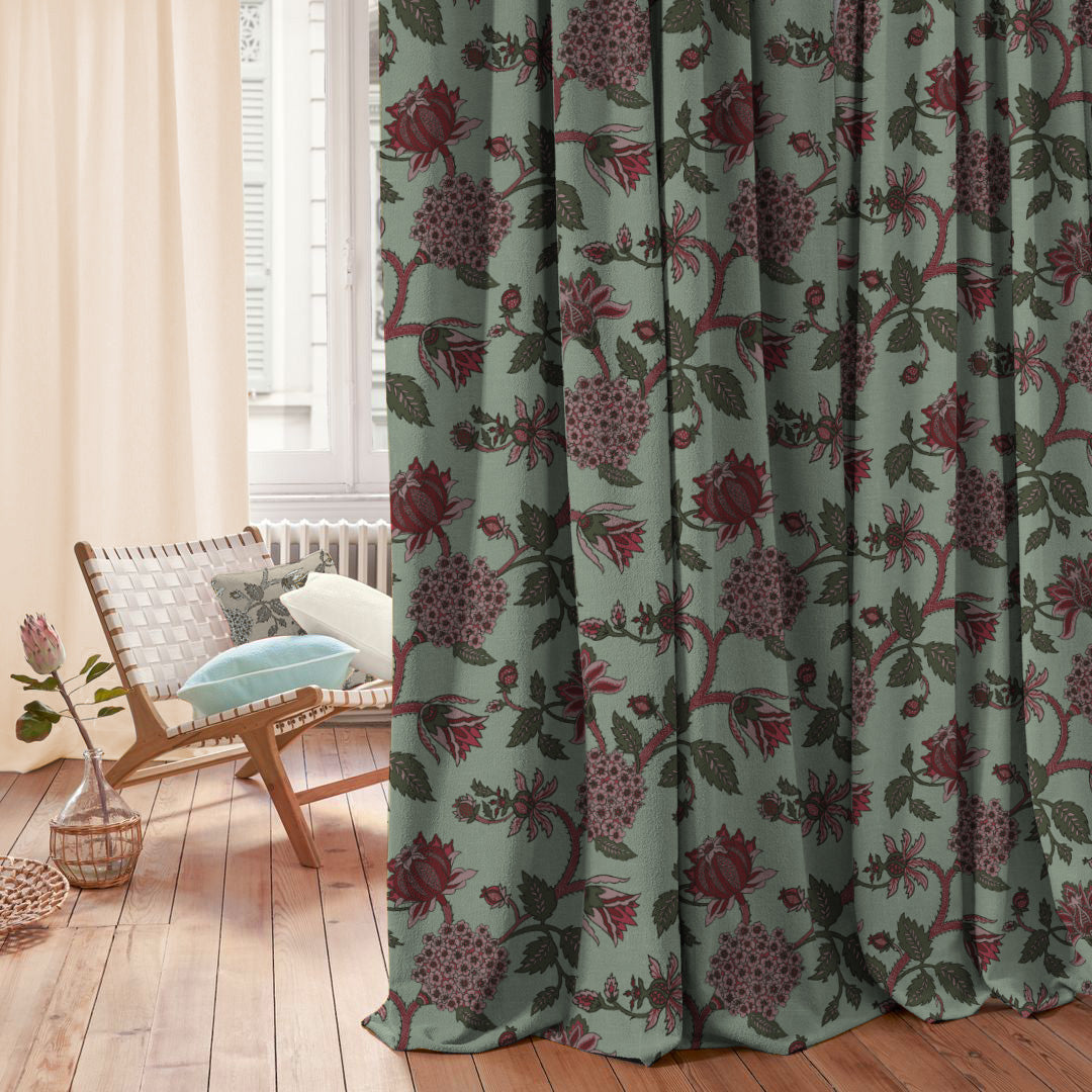 Garden Charm Floral Seafoam Green Velvet Room Darkening Curtains Set Of 2 - (DS542A)