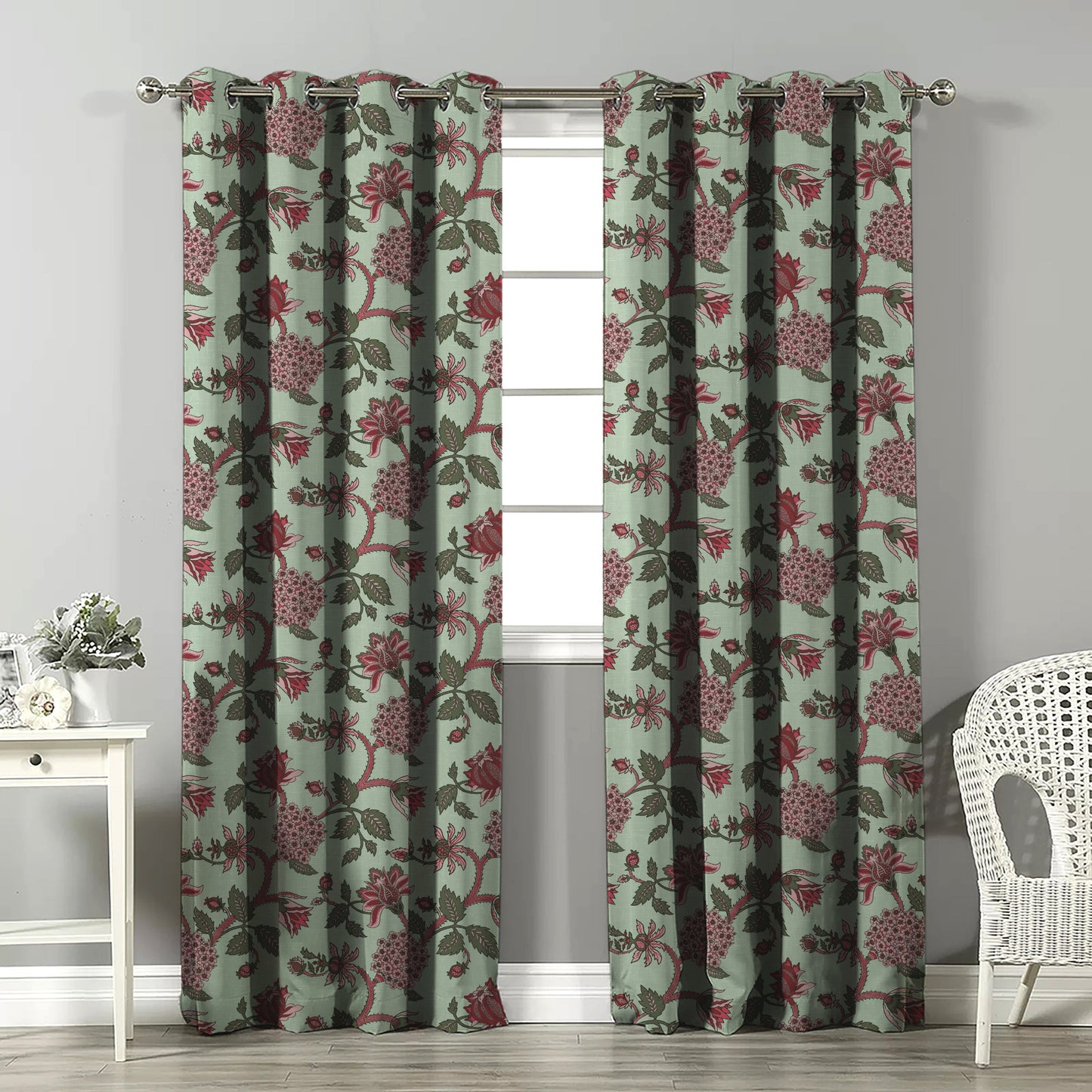 Garden Charm Floral Seafoam Green Velvet Room Darkening Curtains Set Of 2 - (DS542A)