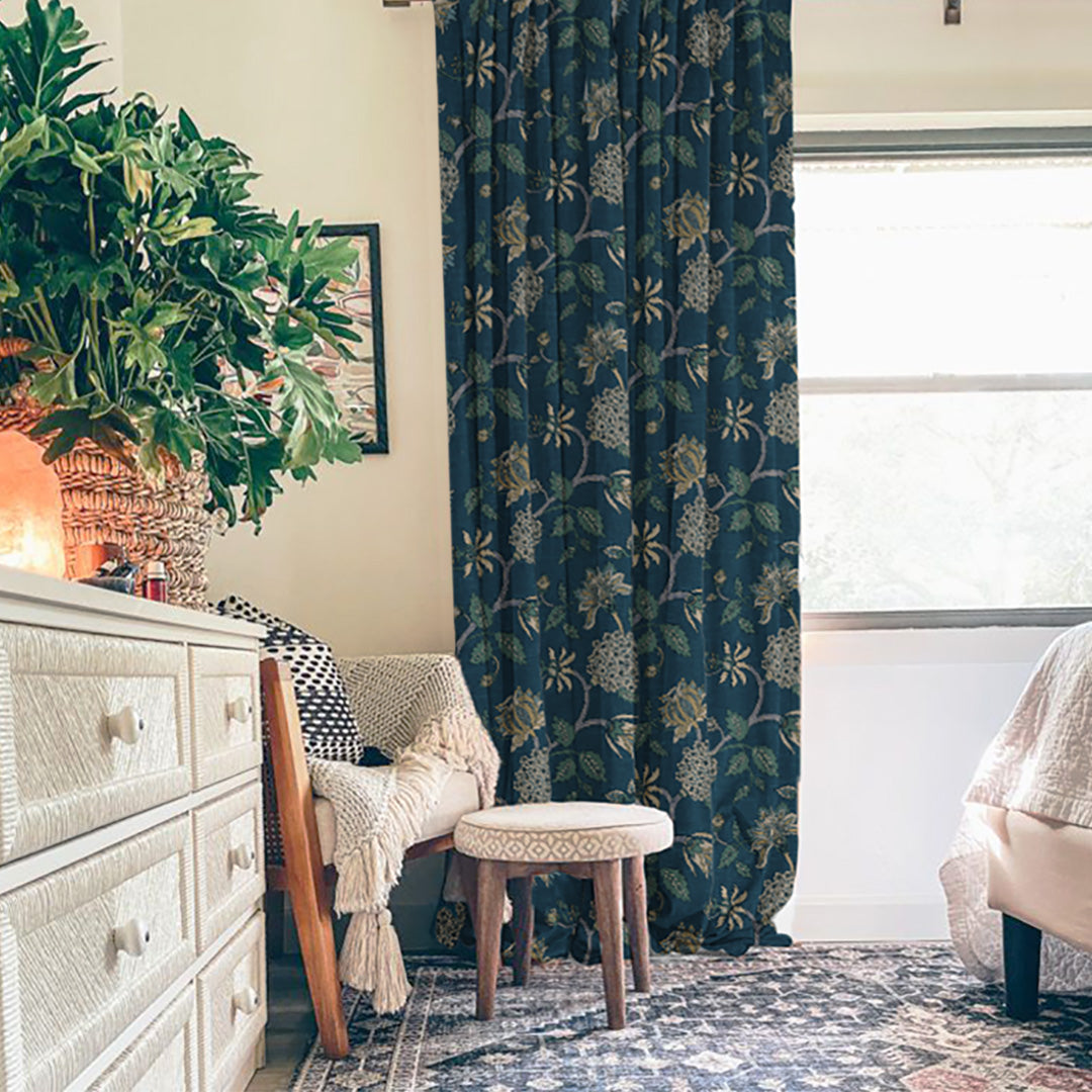 Garden Charm Floral Ocean Blue Velvet Room Darkening Curtains Set Of 2 - (DS542B)