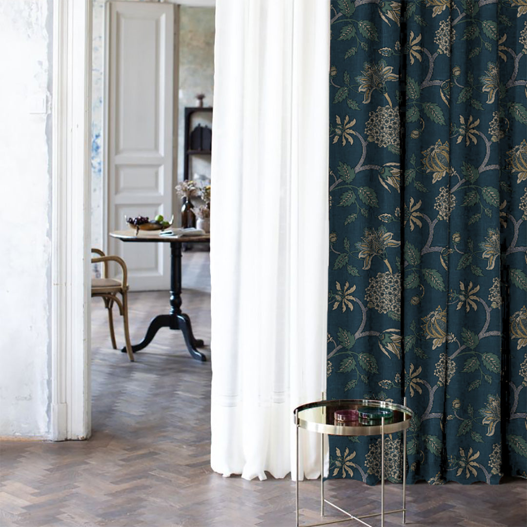 Garden Charm Floral Ocean Blue Velvet Room Darkening Curtains Set Of 2 - (DS542B)