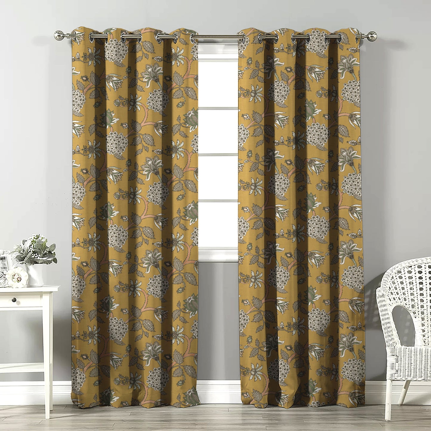 Garden Charm Floral Mustard Yellow Velvet Room Darkening Curtains Set Of 2 - (DS542D)