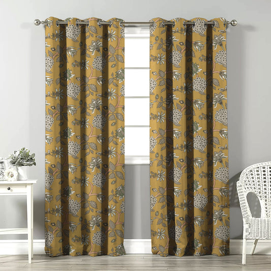 Garden Charm Floral Mustard Yellow Velvet Room Darkening Curtains Set Of 2 - (DS542D)