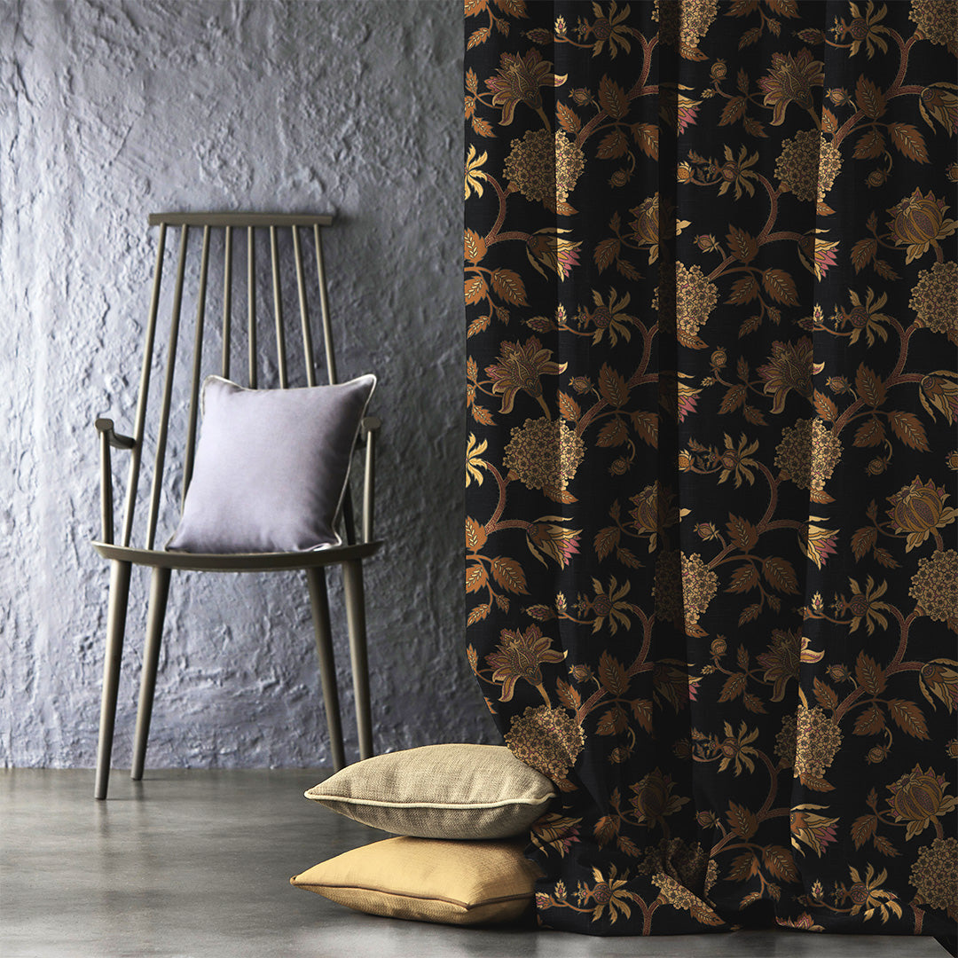 Garden Charm Floral Metal Black Velvet Room Darkening Curtains Set Of 2 - (DS542F)