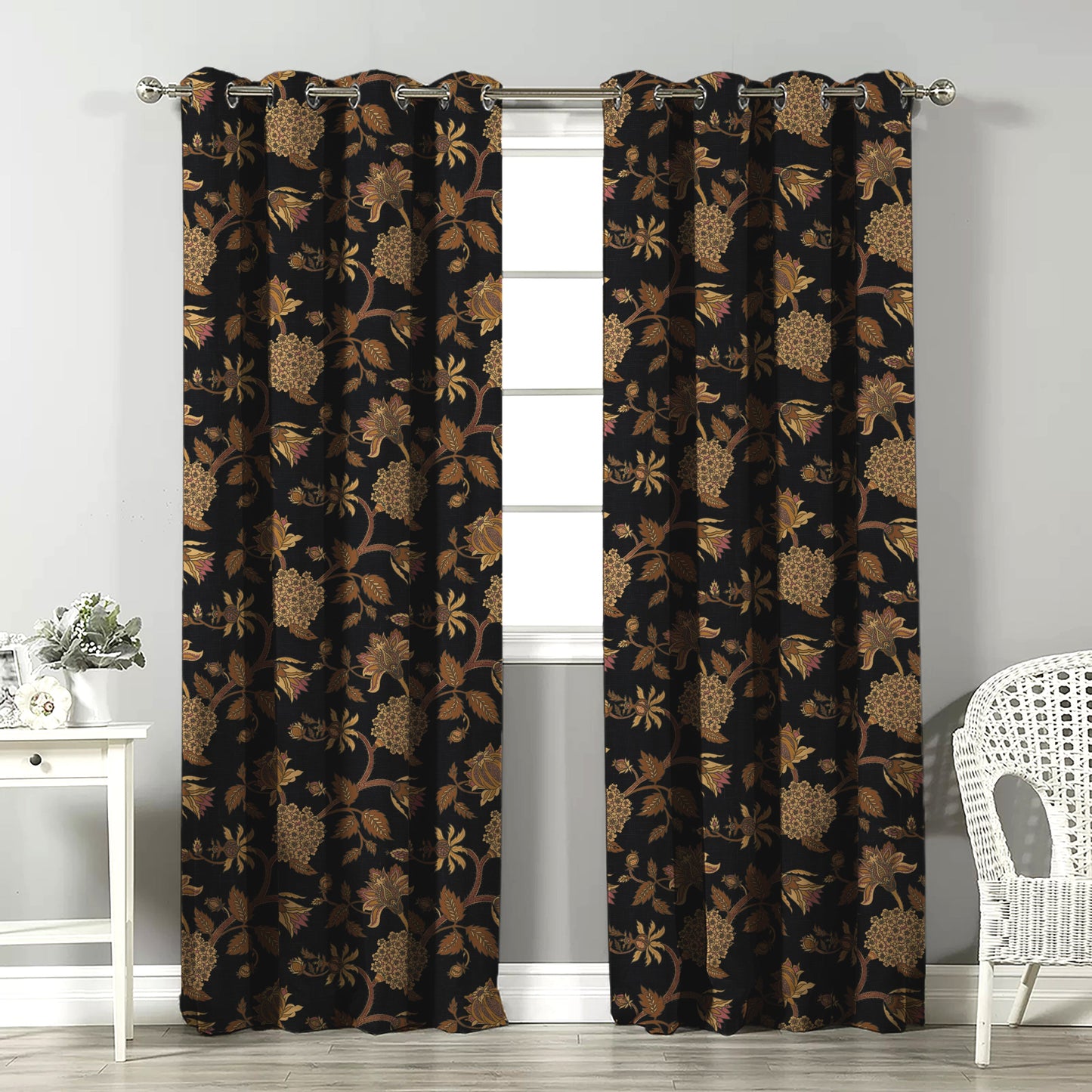 Garden Charm Floral Metal Black Velvet Room Darkening Curtains Set Of 2 - (DS542F)