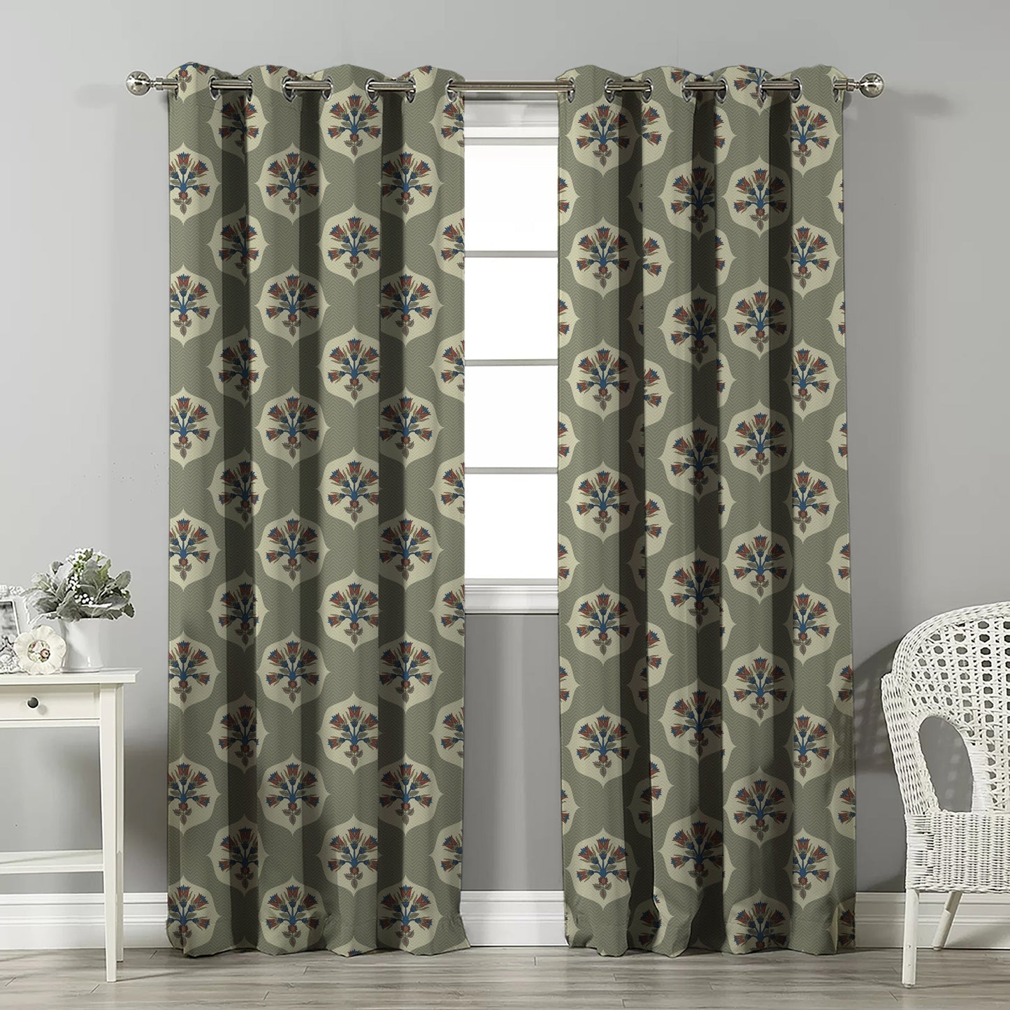 Ethnic Charm Indie Grass Green Velvet Room Darkening Curtains Set Of 2 - (DS543C)