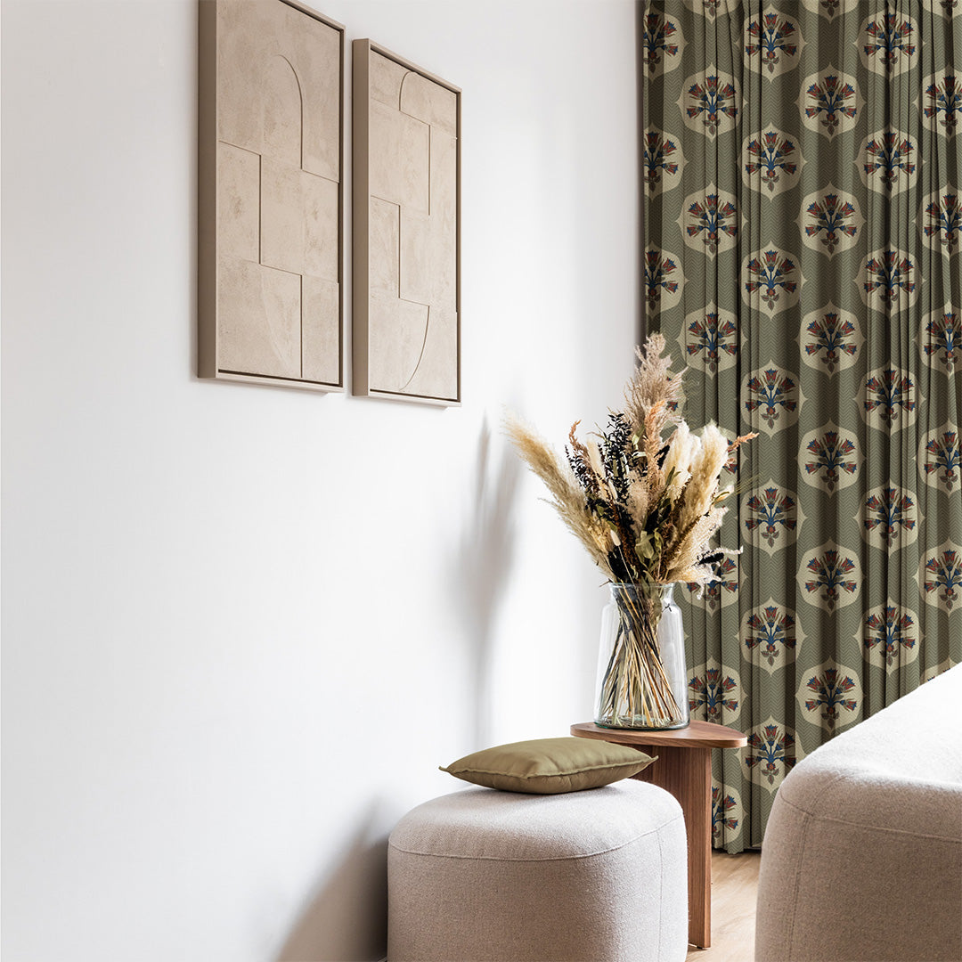 Ethnic Charm Indie Grass Green Velvet Room Darkening Curtains Set Of 2 - (DS543C)