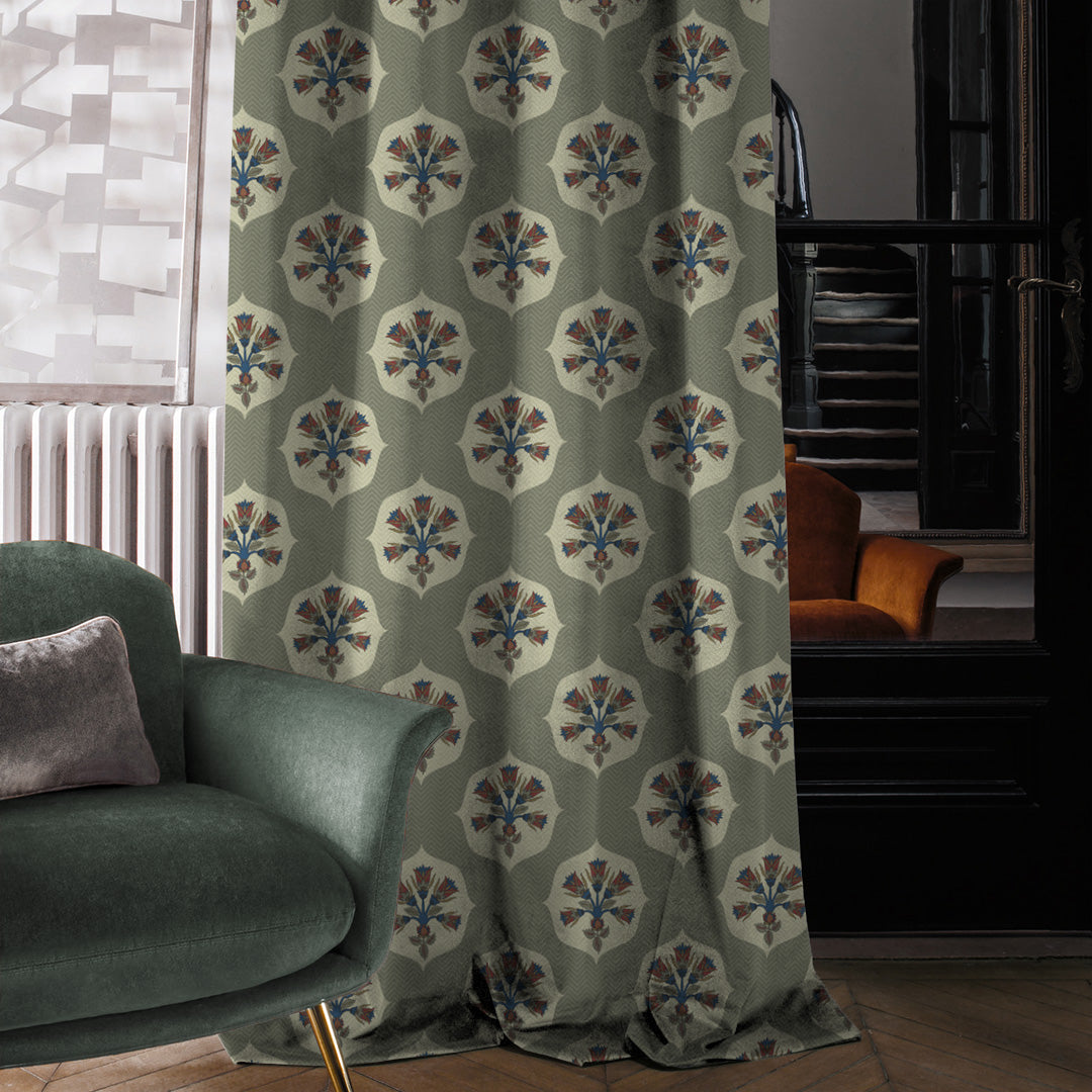 Ethnic Charm Indie Grass Green Velvet Room Darkening Curtains Set Of 2 - (DS543C)