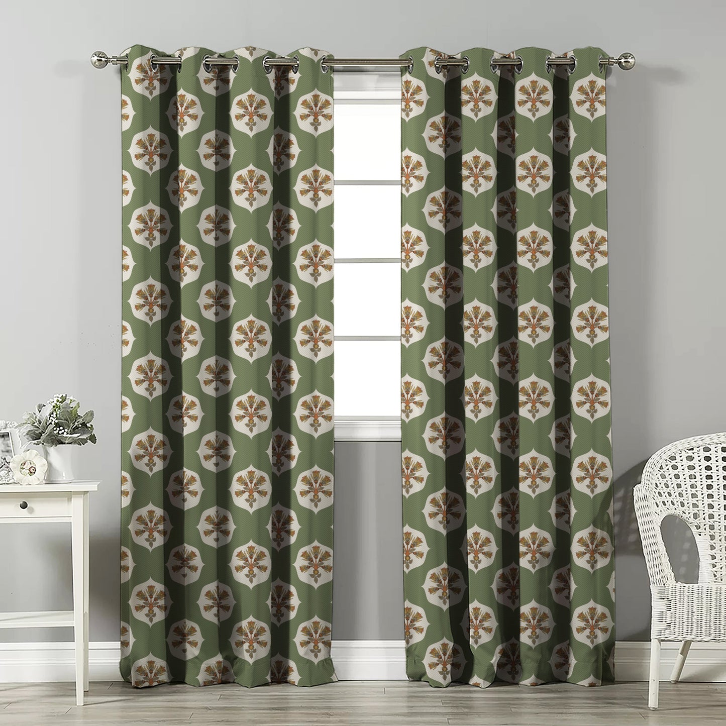 Ethnic Charm Indie Fern Green Velvet Room Darkening Curtains Set Of 2 - (DS543E)
