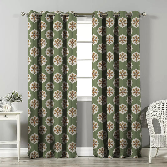 Ethnic Charm Indie Fern Green Velvet Room Darkening Curtains Set Of 2 - (DS543E)
