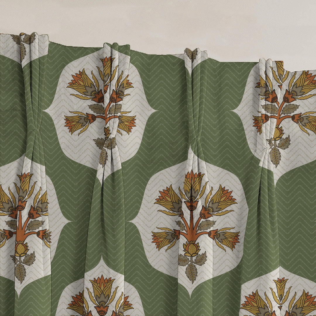 Ethnic Charm Indie Fern Green Velvet Room Darkening Curtains Set Of 2 - (DS543E)